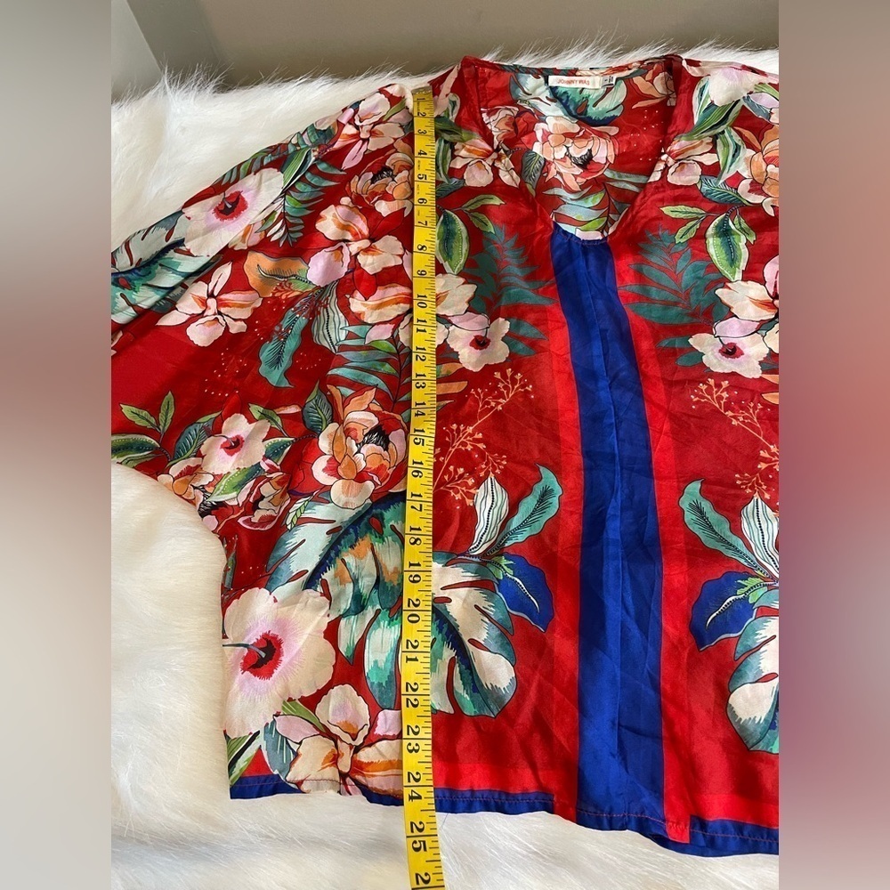 Johnny Was Evy Silk Floral V-Neck Blouse - Red and Blue - Picture 9 of 10